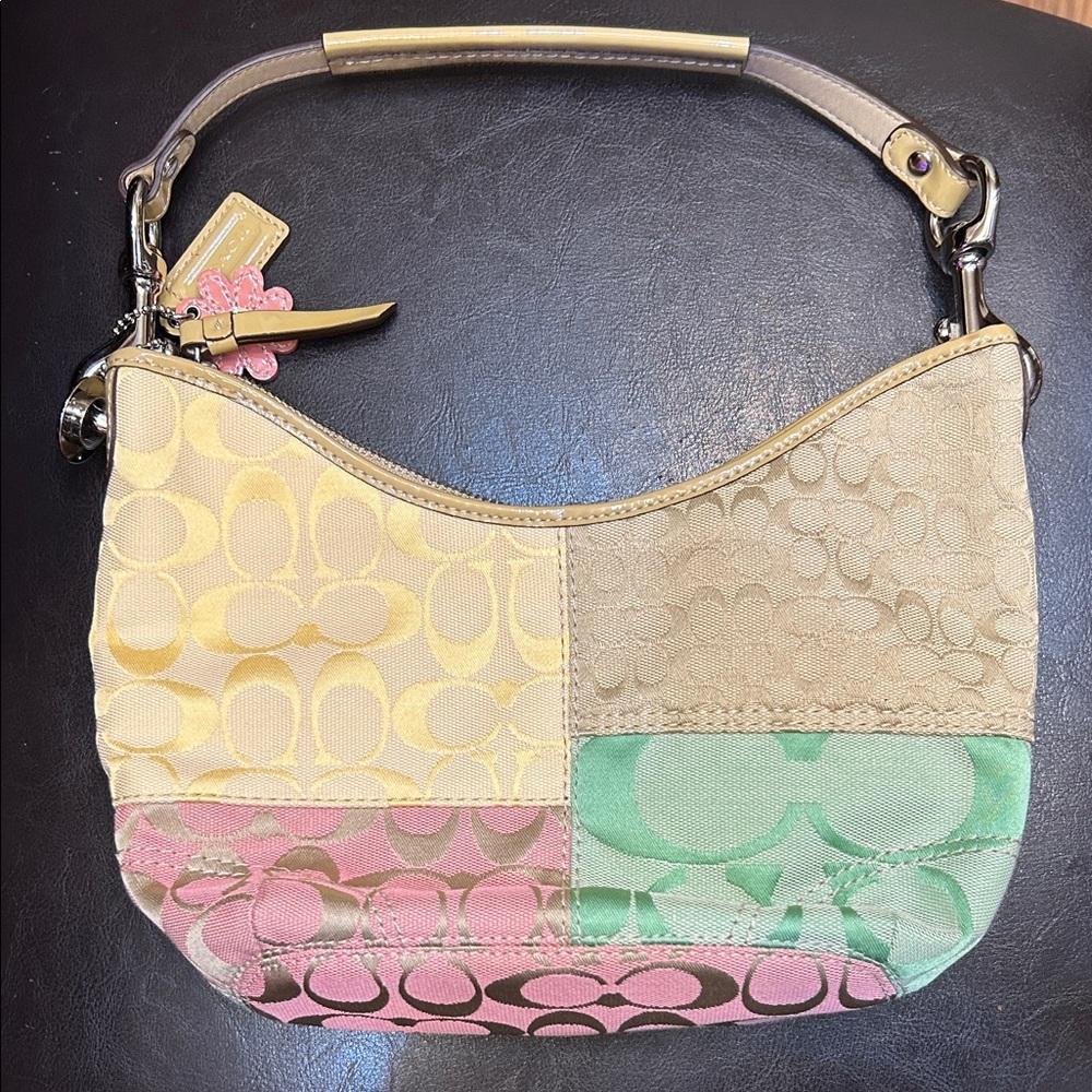 Coach Patchwork Signature Hobo in Pastel Yellow Pink Green
